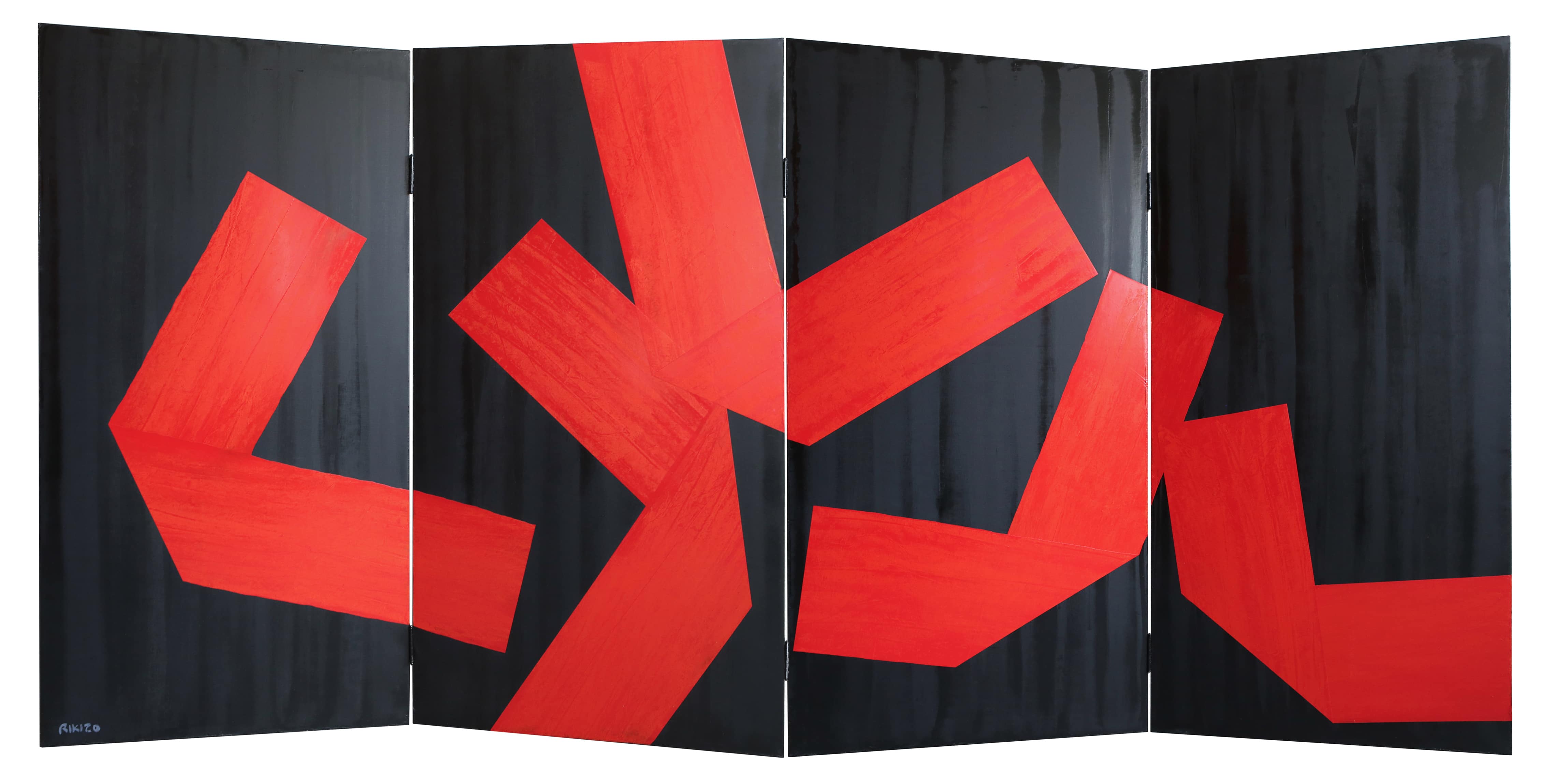 Paravent traditionnel japonais, byobu par Rikizo en art abstrait moderne rouge et noir, 2013.