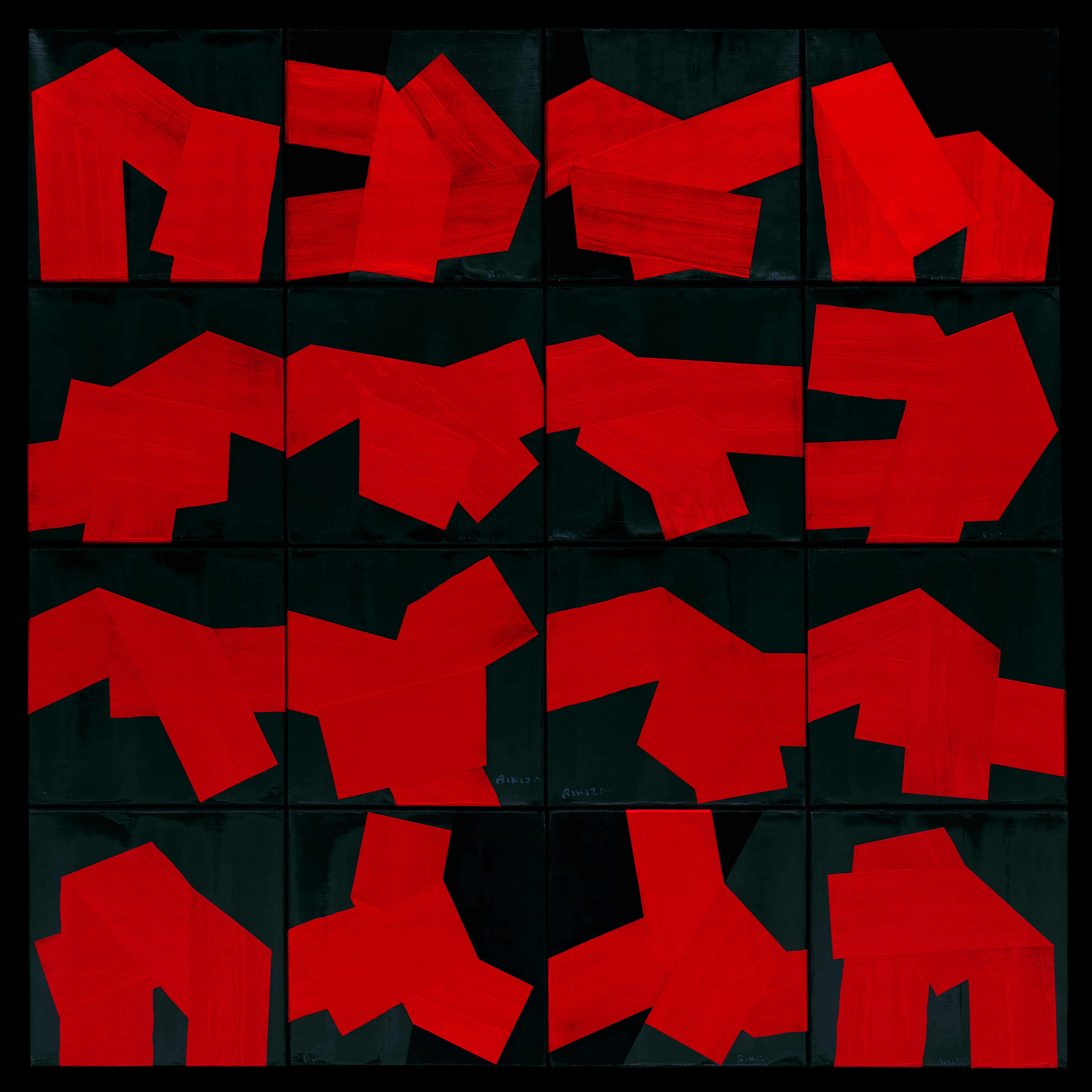 Œuvre digitale NFT de Rikizo et Kazu, composition de 16 toiles rouge et noir, kishotenketsu, 2021.