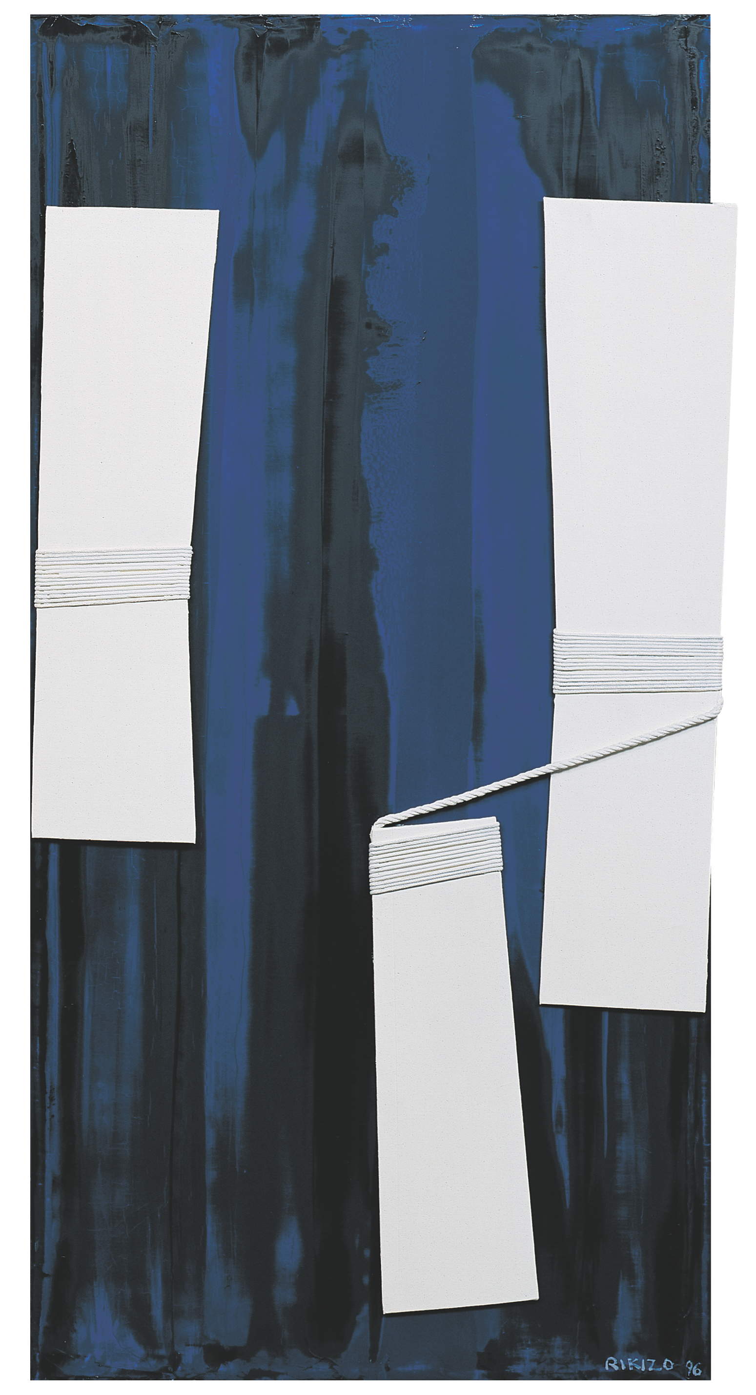 Peinture à l'huile originale de Rikizo en bleu, blanc et noir, 1996, art abstrait moderne et contemporain, format vertical tatami 176 x 88 cm.