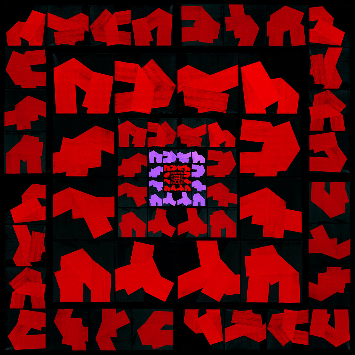 The Loop — structure géométrique abstraite de Rikizo et Kazu composée de formes rouges fragmentées organisées en répétition circulaire, variant violet associé à l’élément Ether.