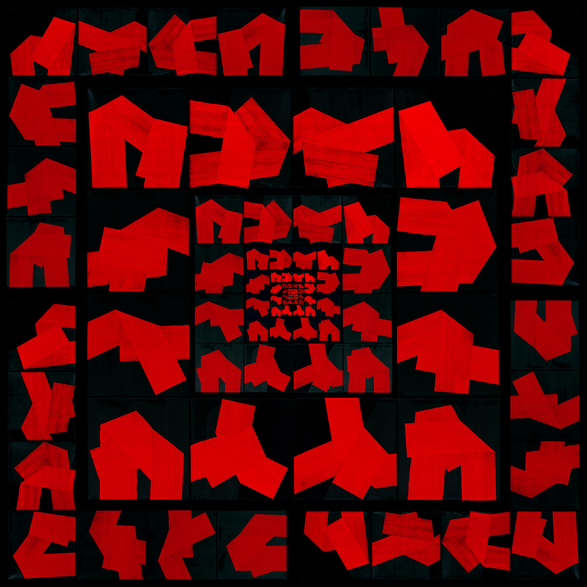 The Loop — structure géométrique abstraite de Rikizo et Kazu composée de formes rouges fragmentées organisées en répétition circulaire, variant rouge associé à l’élément Feu.