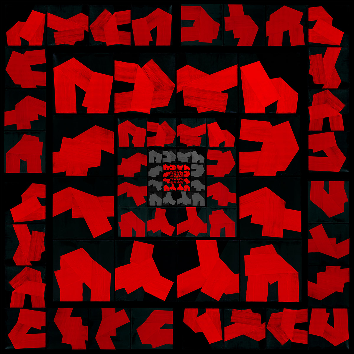 The Loop — structure géométrique abstraite de Rikizo et Kazu composée de formes rouges fragmentées organisées en répétition circulaire, variant gris associé à l’élément Terre.