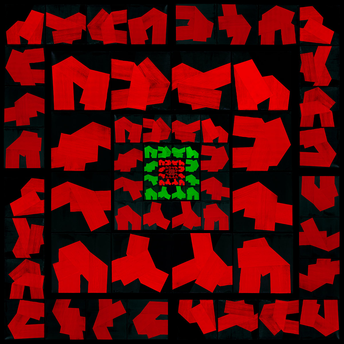 The Loop — structure géométrique abstraite de Rikizo et Kazu composée de formes rouges fragmentées organisées en répétition circulaire, variant vert associé à l’élément Air.