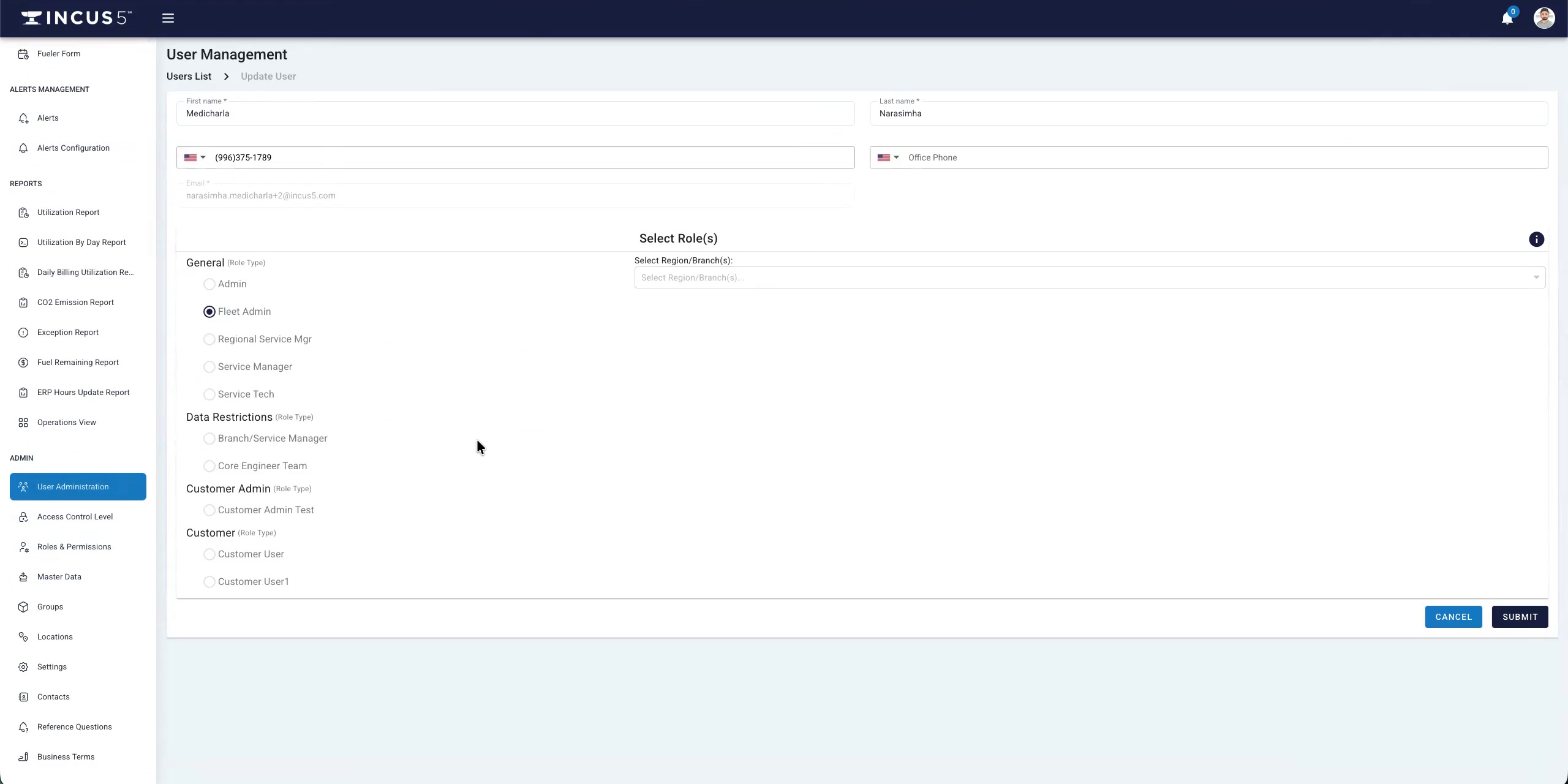 Incus5 platform user management view