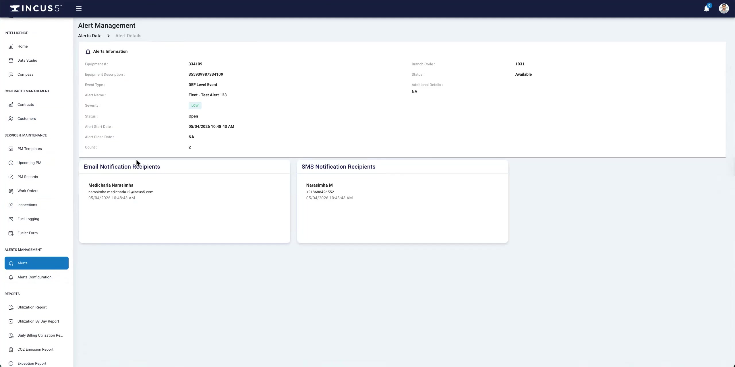 Incus5 platform DTC and alerts
