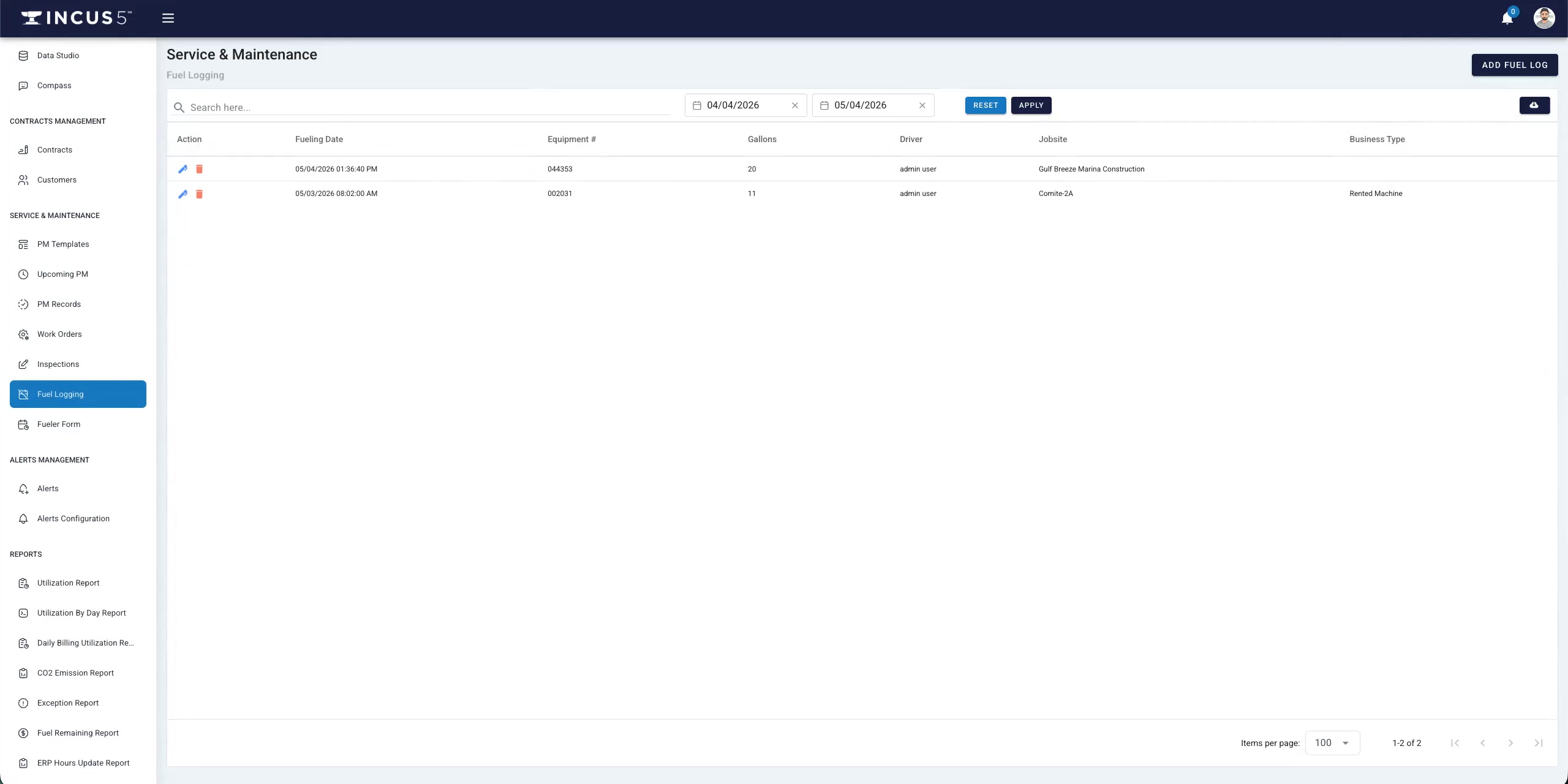 Incus5 platform Fuel Management service view