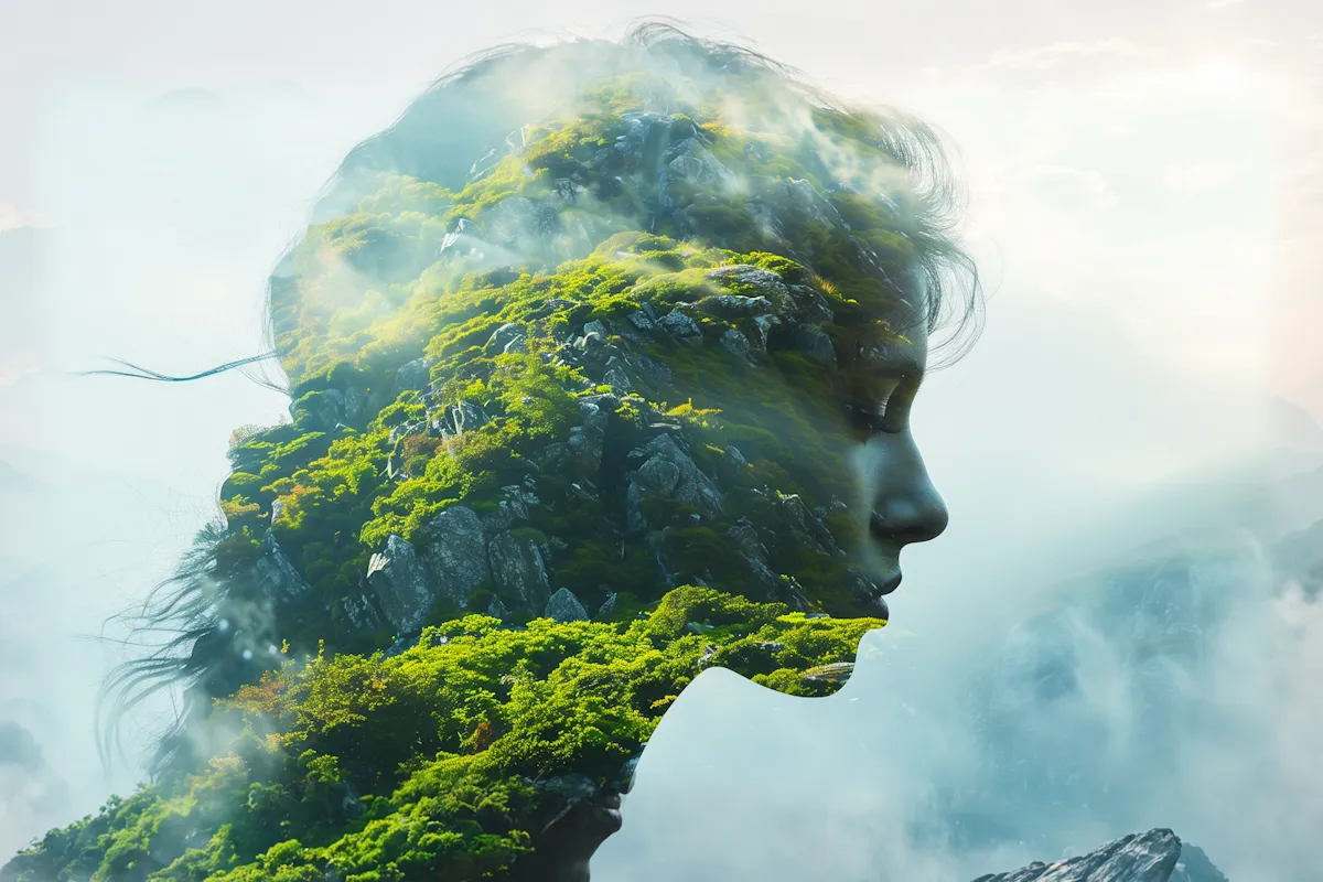 Dobbelt eksponering av kvinners ansikt i profil kombinert med grønn fjellandskap og skyer som skaper en illusjon av menneske og natur i harmoni.