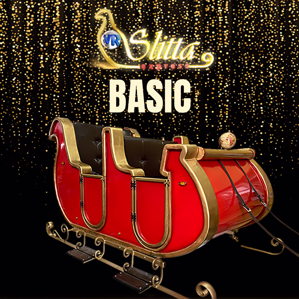 Slitta Express VR BASIC rossa e dorata su sfondo stellato scintillante, versione base dell'attrazione multimediale natalizia Menart con design elegante tradizionale.