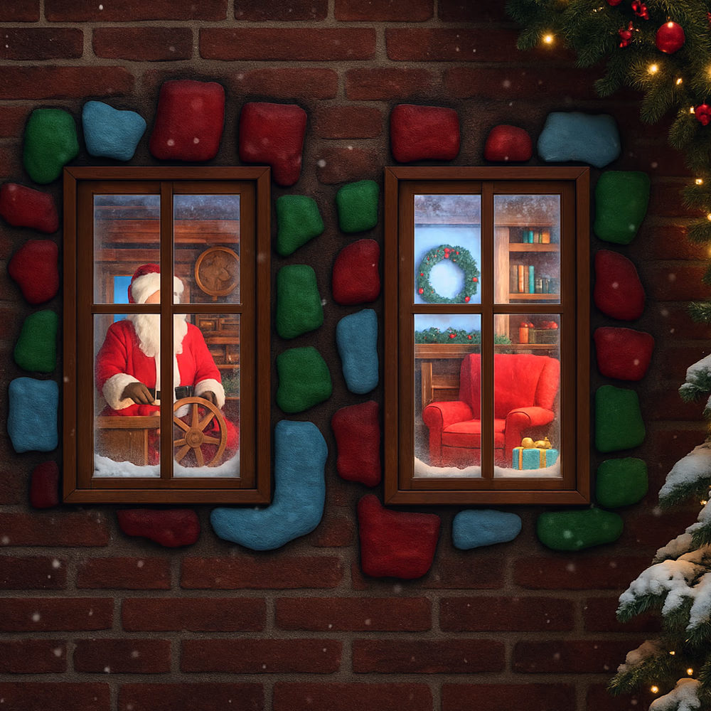 Finestre scenografiche multimediali su parete mattoni colorati con contenuti digitali animati di Babbo Natale, creando atmosfera natalizia immersiva e interattiva.