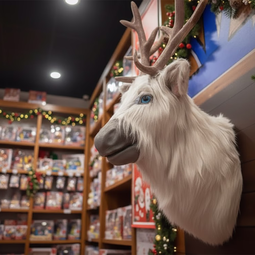 Testa decorativa di renna con pelliccia bianca e occhi azzurri montata su parete di negozio decorato per Natale.