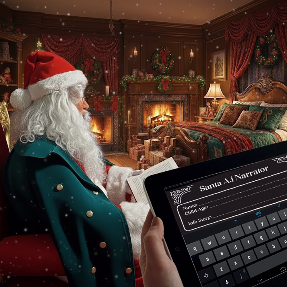 Babbo Natale seduto in una stanza decorata per Natale con camino acceso e regali, mentre qualcuno tiene un tablet con modulo intitolato Santa A.I Narrator.