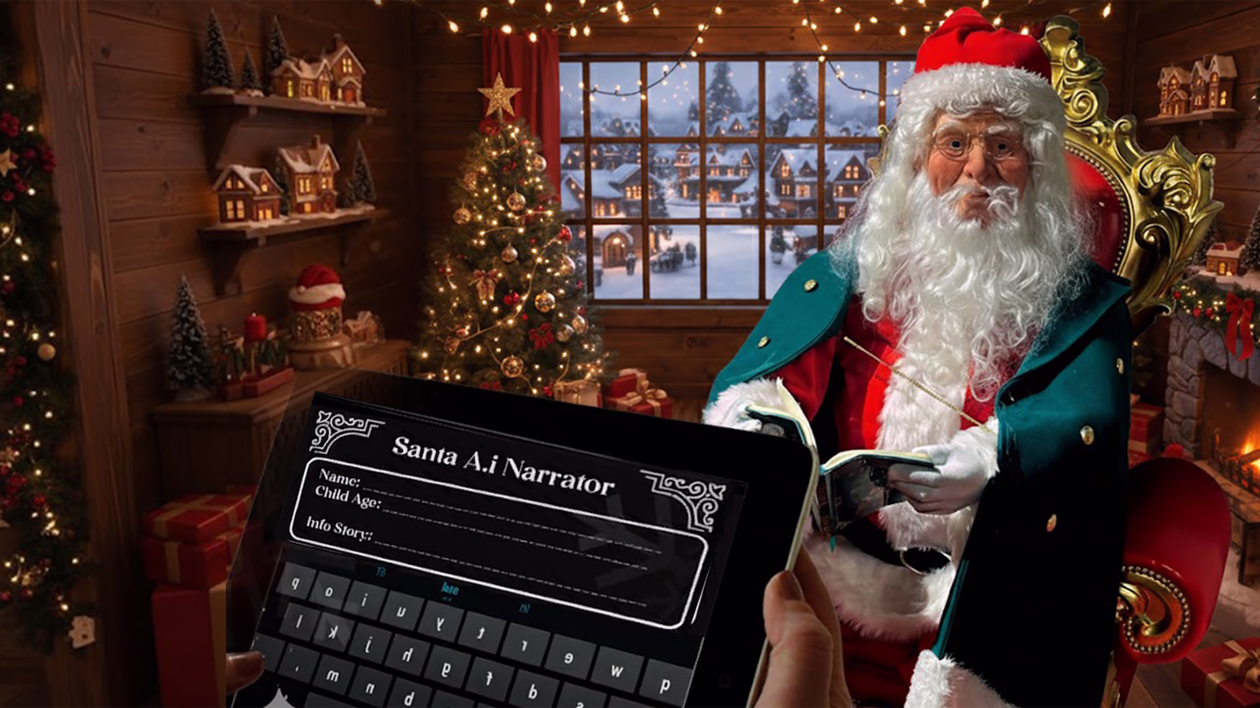 Babbo Natale seduto su una sedia decorata in una stanza natalizia con albero di Natale, regali e un camino acceso, mentre una mano tiene un tablet con un'app chiamata 'Santa A.i Narrator'.