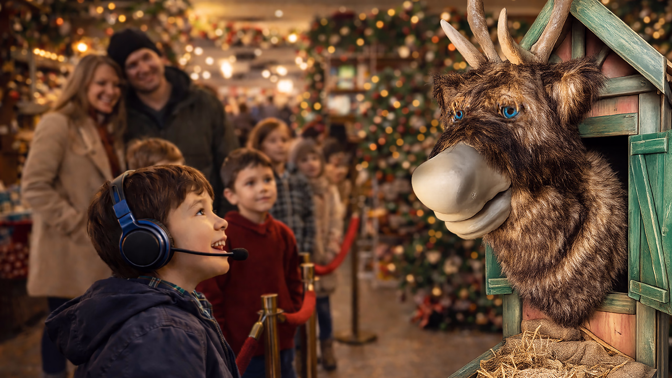 Bambino con cuffie e microfono che sorride dialogando con una renna bianca animata su sfondo natalizio.