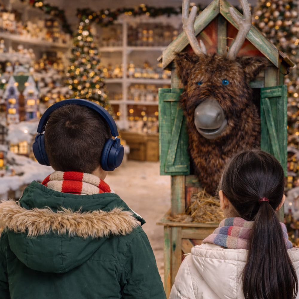 Two children from behind look at a reindeer decoration with horns and blue eyes in a little green house during the Christmas season.