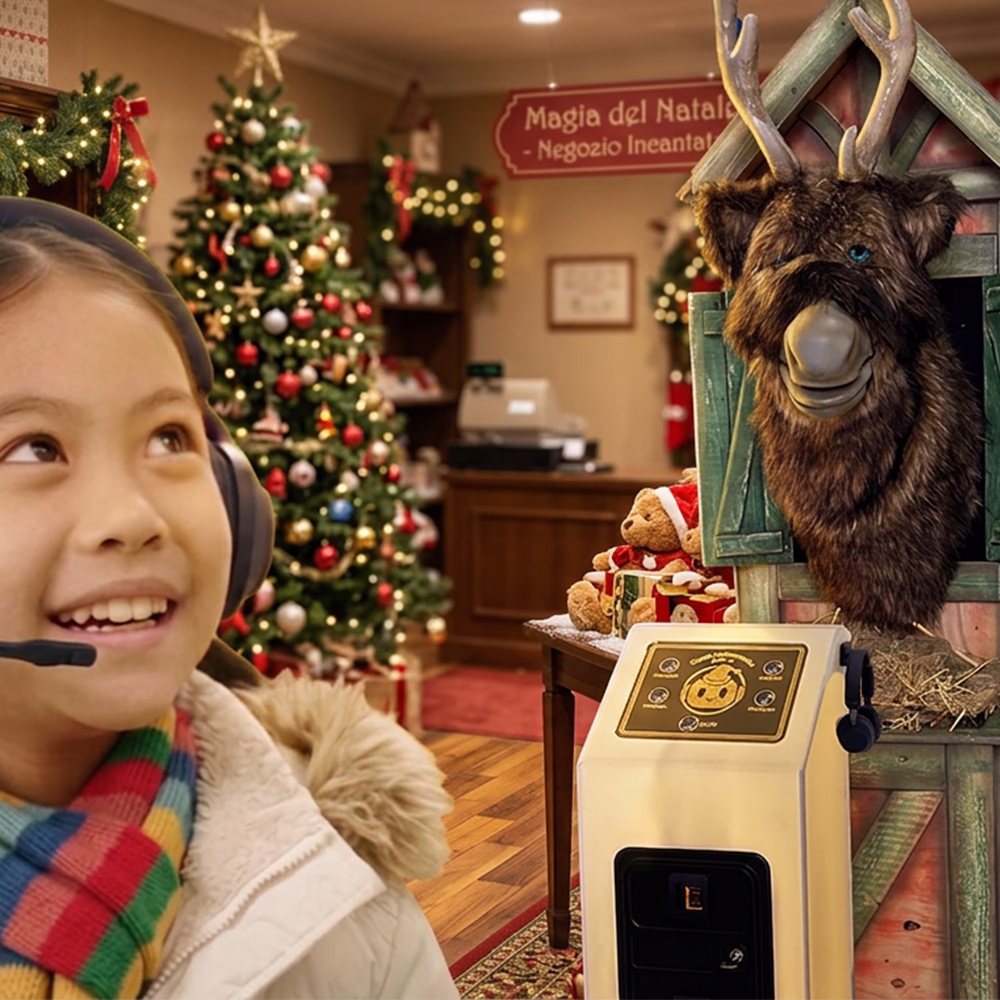 Smiling girl with headphones and colorful scarf in a Christmas store decorated with a Christmas tree and a reindeer puppet.