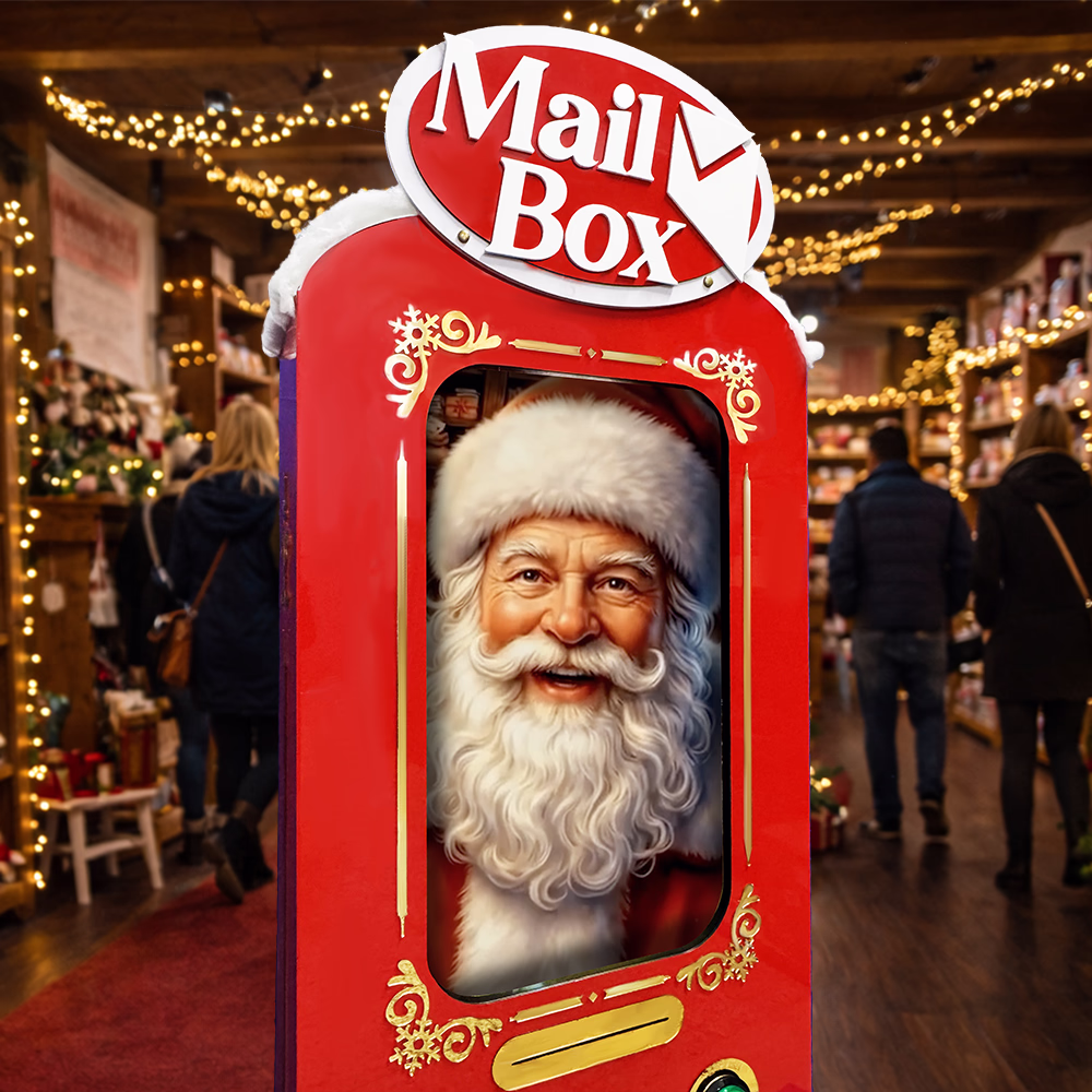 Space for Christmas letters with a festive image of a smiling Santa Claus inside a decorated red mailbox.