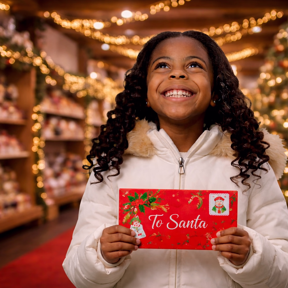 Smiling girl in white jacket holding a red letter addressed to Santa Claus, decorated with Christmas motifs.