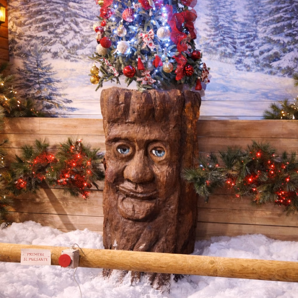 Statue of a smiling face carved into a trunk with a decorated Christmas tree on top.