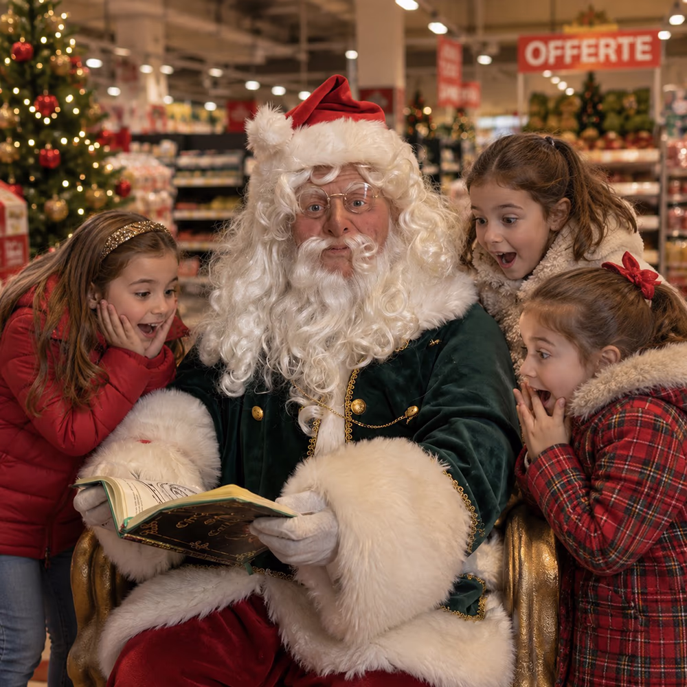 Babbo Natale legge una storia a tre bambine entusiaste in un negozio decorato per Natale.