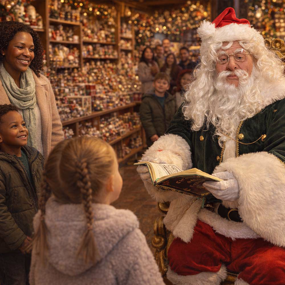 Babbo Natale legge un libro a un gruppo di bambini e adulti in un negozio pieno di decorazioni natalizie.