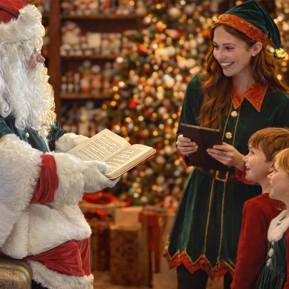 Babbo Natale legge un libro mentre due bambini e un'elfa sorridente lo ascoltano vicino all'albero di Natale decorato.