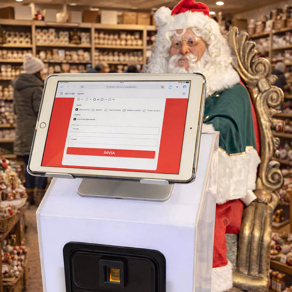 Tablet con modulo di registrazione su supporto bianco, sullo sfondo una figura di Babbo Natale in un negozio.