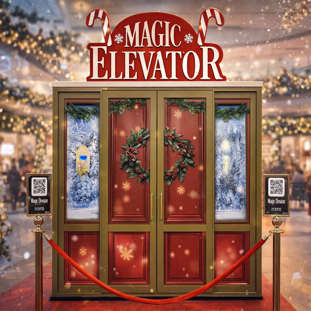 Elevator decorated with Christmas wreaths and snowflakes, with Magic Elevator sign in a festive atmosphere.