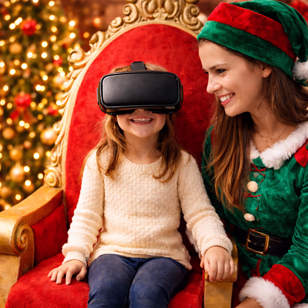 Bambina sorridente seduta su una poltrona rossa con visore VR, accanto a una donna vestita da elfo natalizio.
