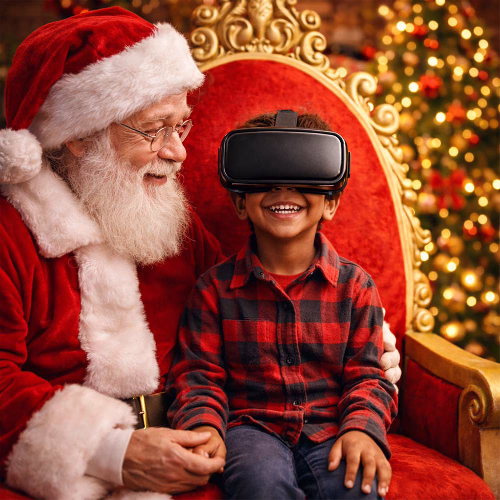 Bambino felice con visore realtà virtuale seduto sulle ginocchia di Babbo Natale decorato con albero di Natale.