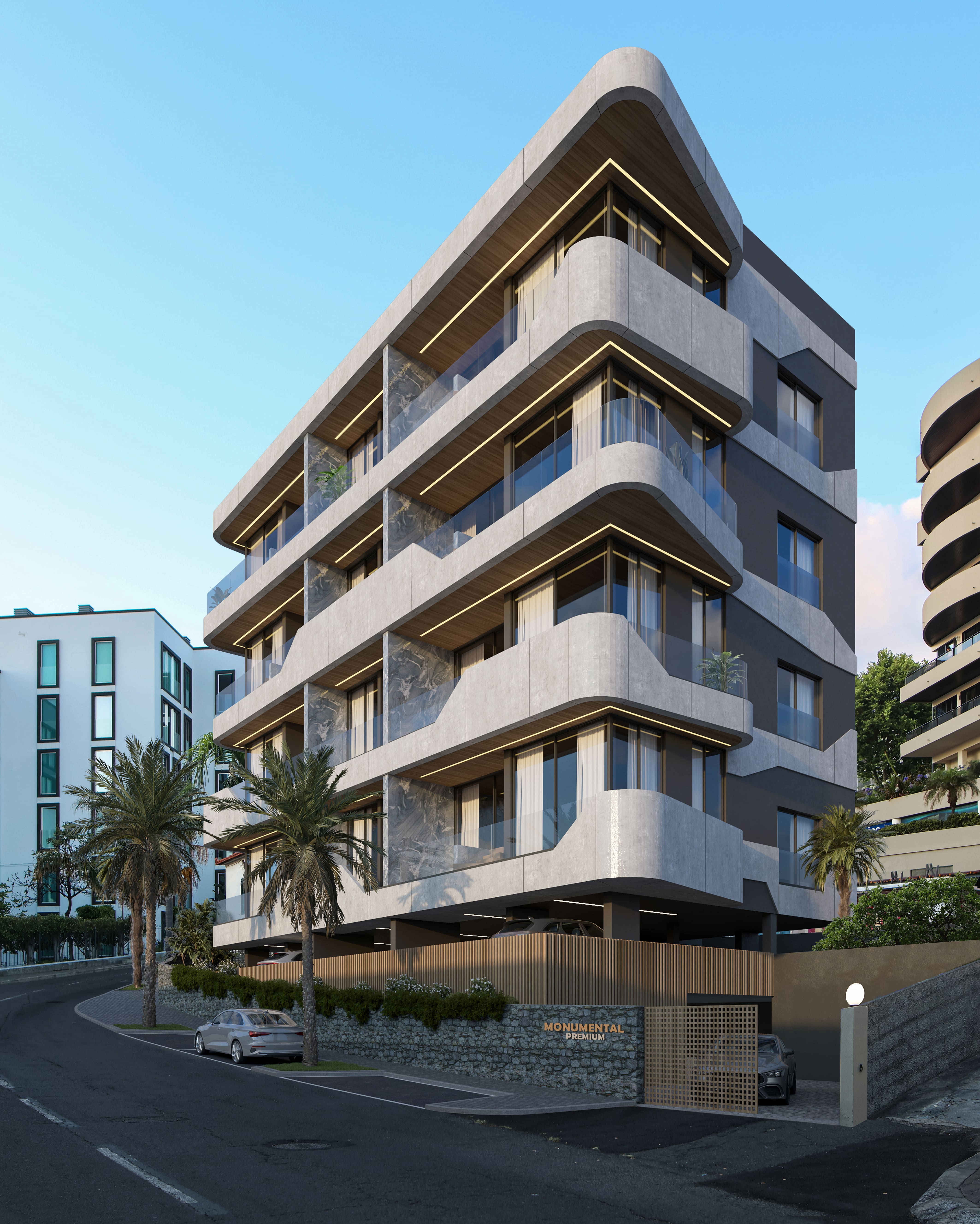 Vista de esquina de um edifício de apartamentos moderno com uma fachada de concreto claro e curvas acentuadas nas varandas com parapeitos de vidro e iluminação. Um carro está estacionado na rua em frente.