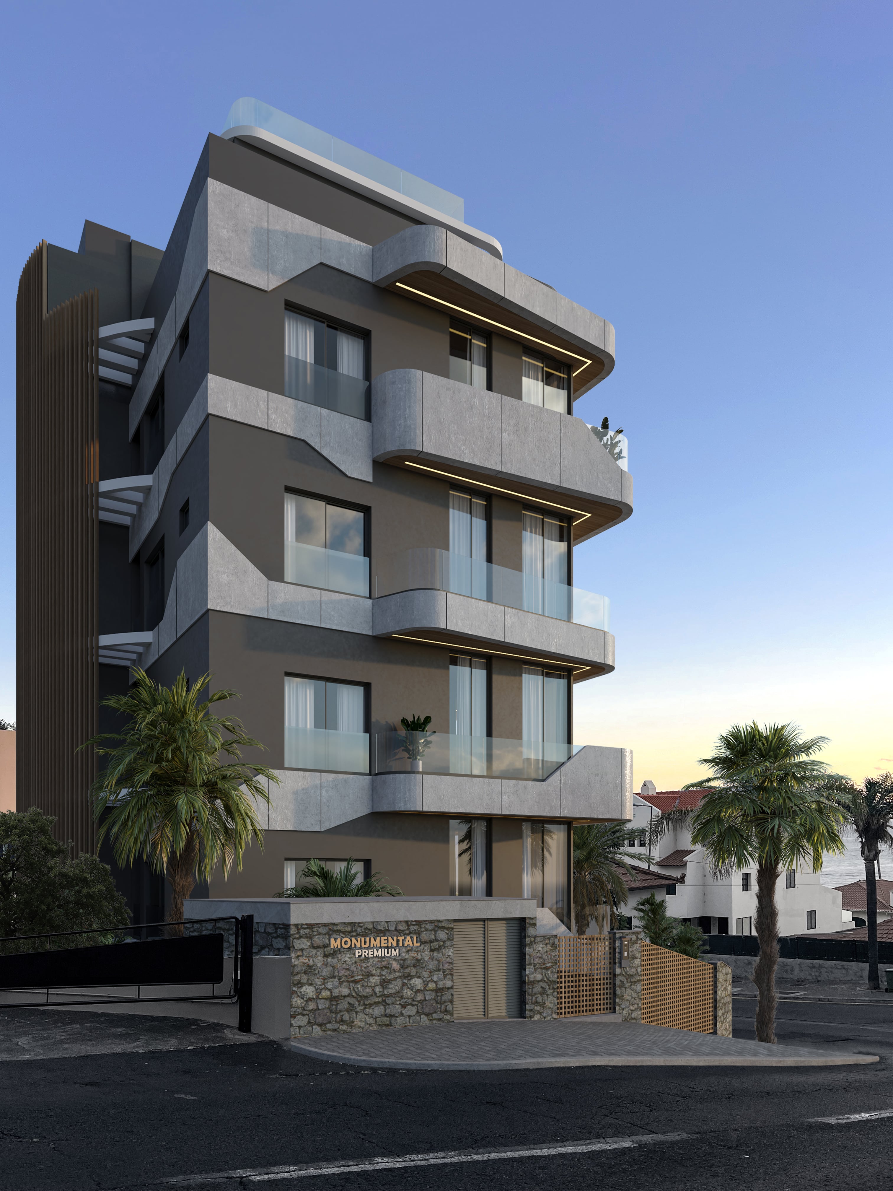 Vista lateral e da entrada principal de um edifício de apartamentos moderno, com fachada escura, varandas de concreto curvilíneas e painéis de vidro. Uma placa de pedra com 'MONUMENTAL RESIDENCES' está visível ao lado de um portão de entrada.