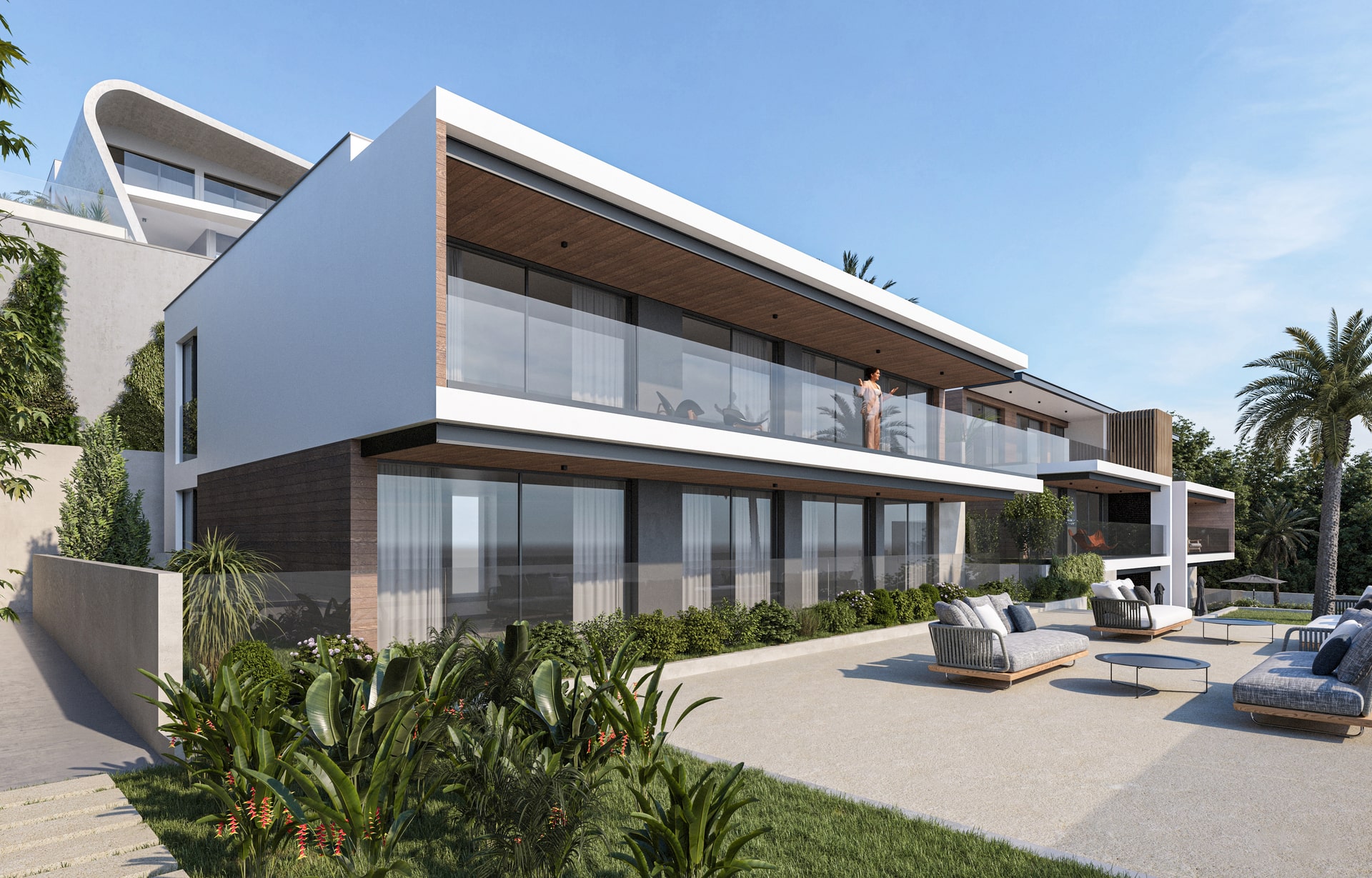 Conjunto de edifícios residenciais modernos com múltiplos andares e design contemporâneo. As fachadas apresentam branco, madeira e grandes janelas de vidro. As varandas incluem parapeitos de vidro e o exterior possui lounges, palmeiras e jardins.