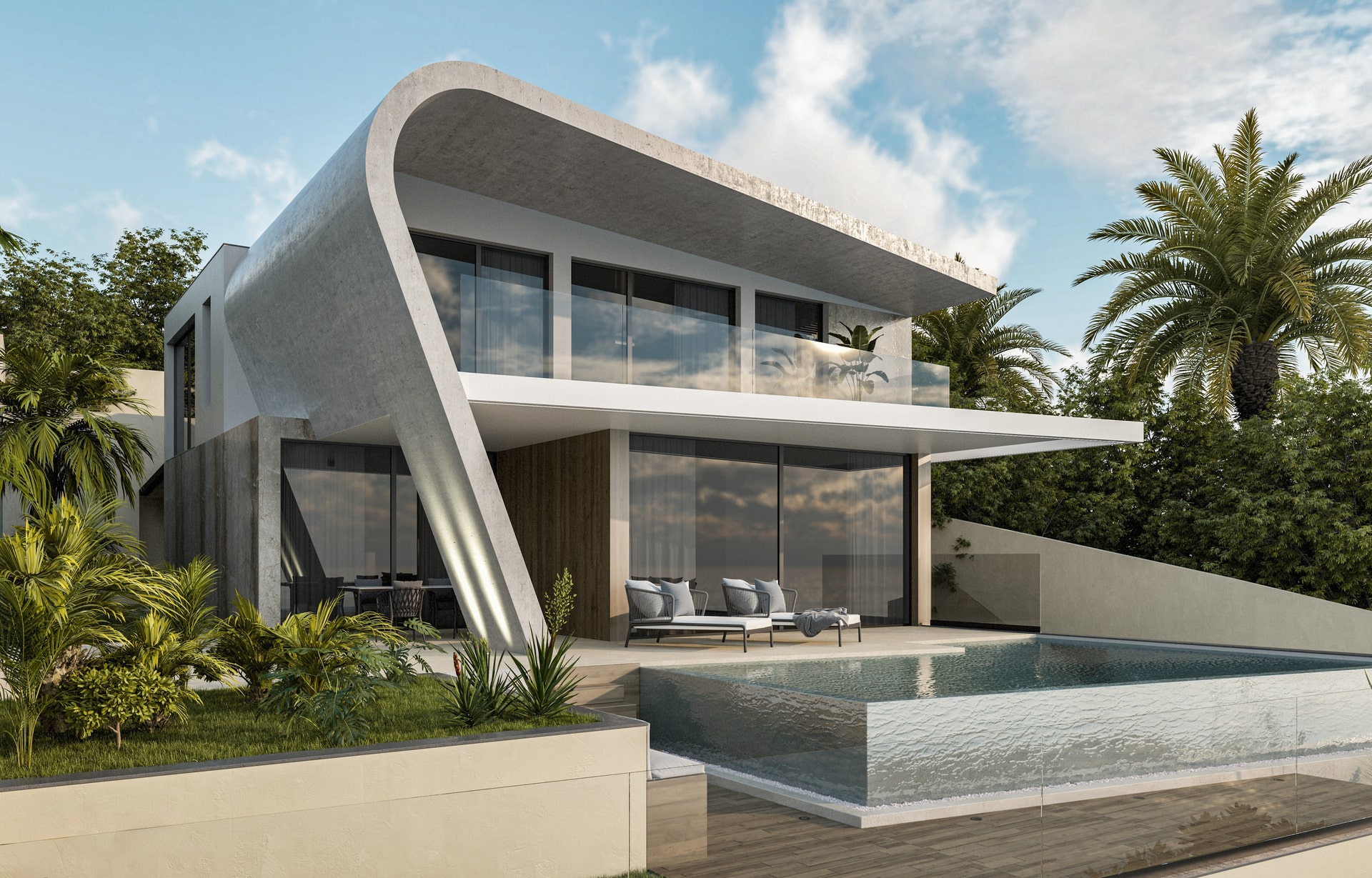 Moradia de luxo com arquitetura de design único, apresentando um telhado de concreto curvo, grandes janelas de vidro e uma piscina infinita no terraço. A casa está rodeada por vegetação exuberante.