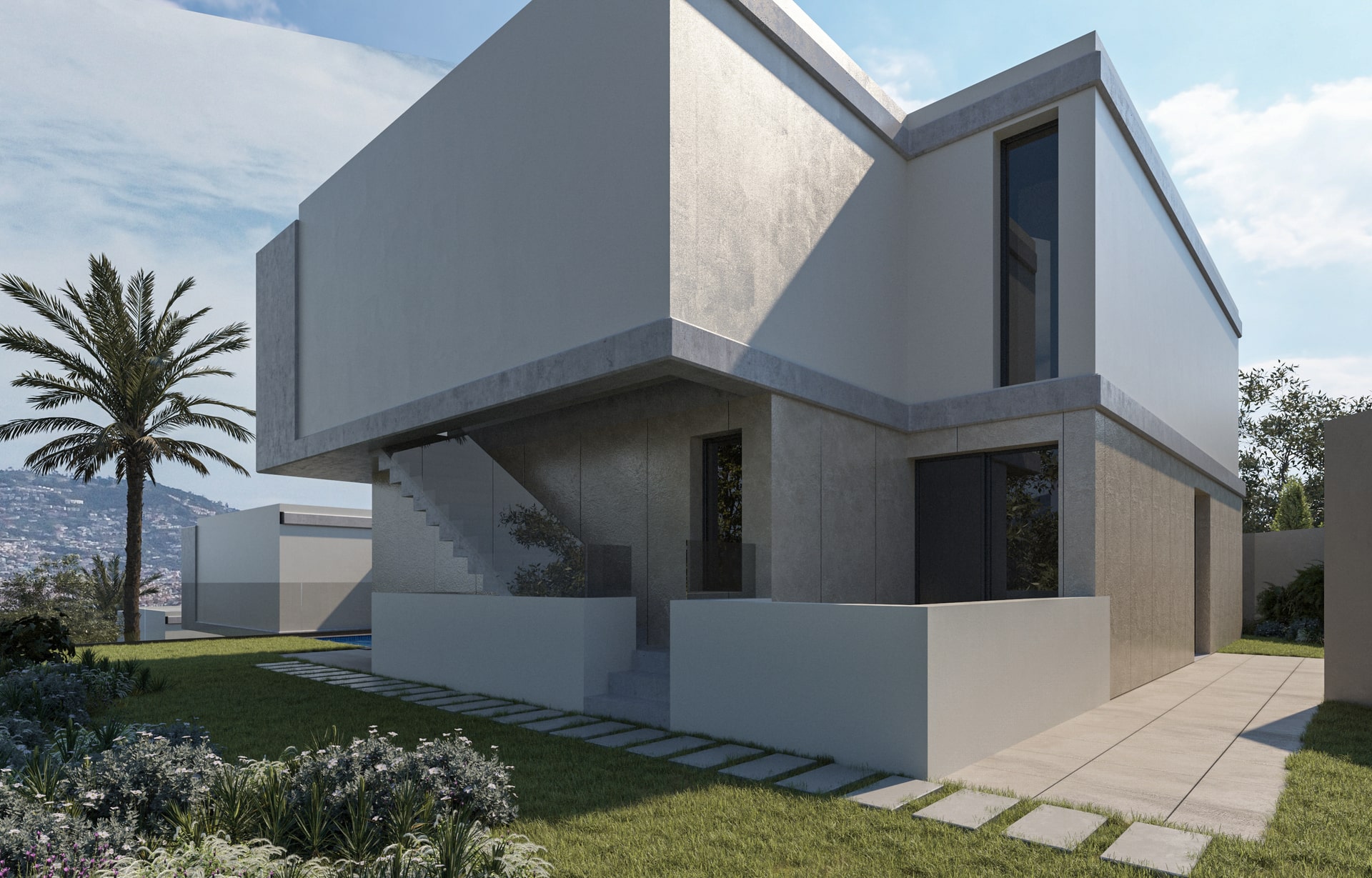 Vista lateral de uma casa contemporânea com paredes brancas, escadas externas e jardim com grama, sob céu claro