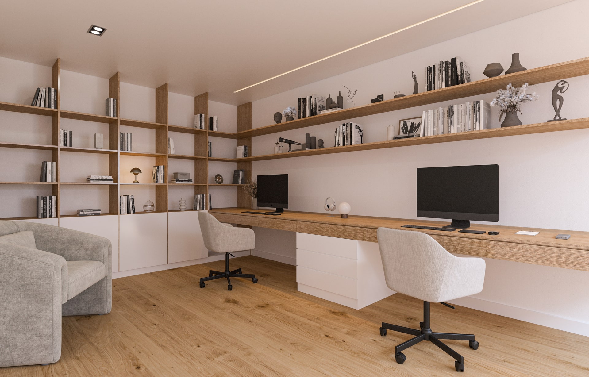 Escritório com mesa de madeira, duas cadeiras, estantes de livros e iluminação aconchegante.