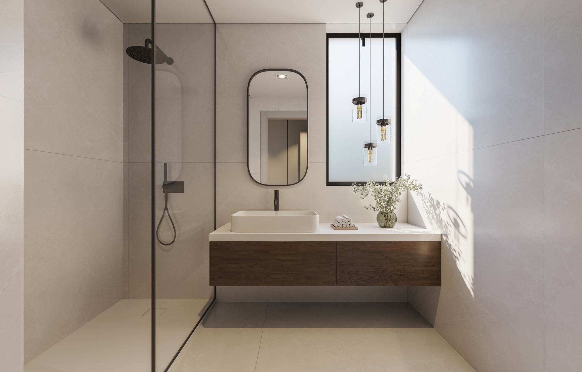 Casa de banho contemporânea com parede clara, chuveiro ao fundo, lavatório branco sobre móvel de madeira, espelho oval e janela lateral que ilumina o ambiente