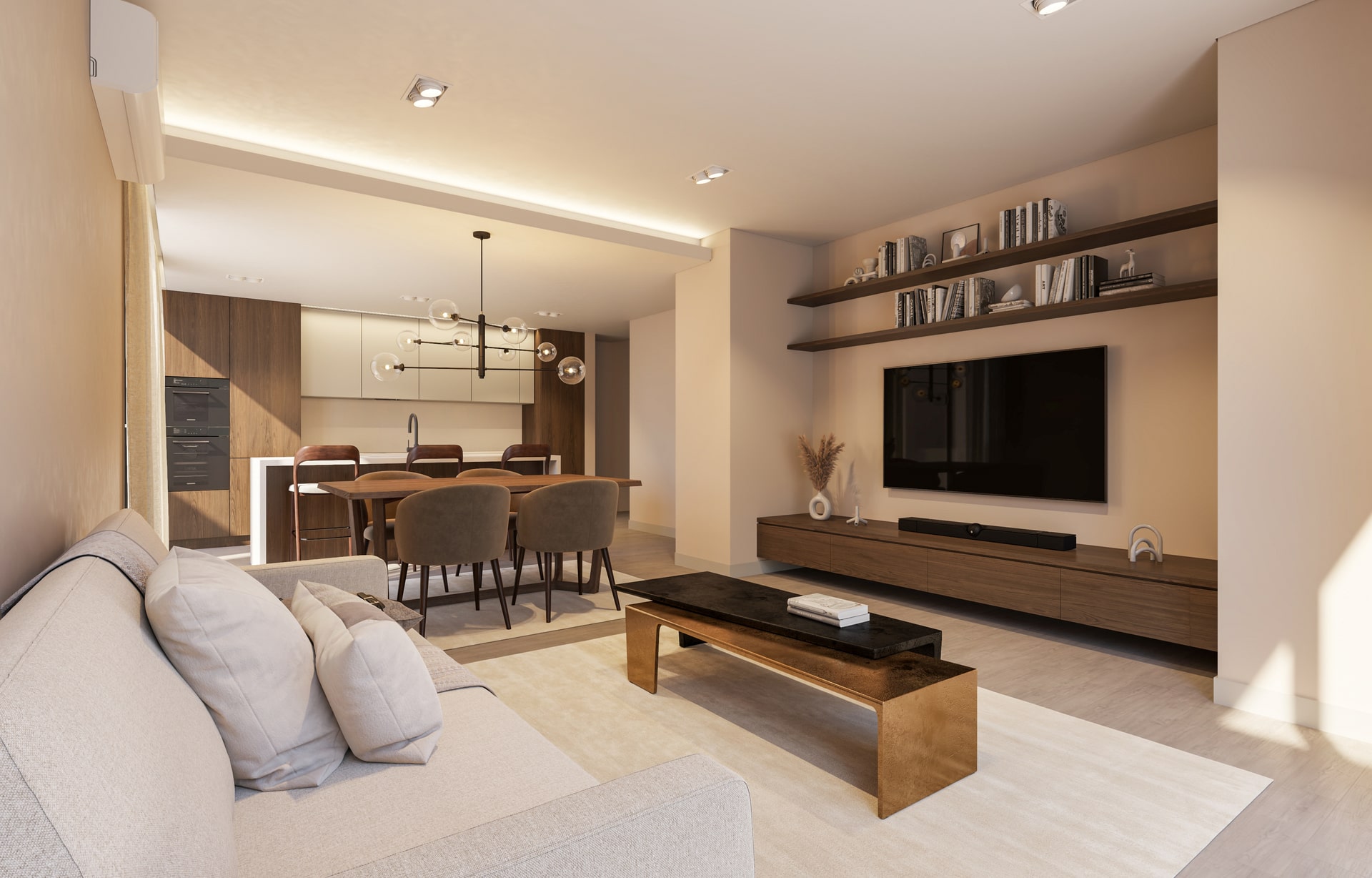 Imagem de uma sala de estar moderna com sofá bege, mesa de centro preta e de madeira, televisão de parede com prateleiras de madeira acima, e iluminação embutida no teto