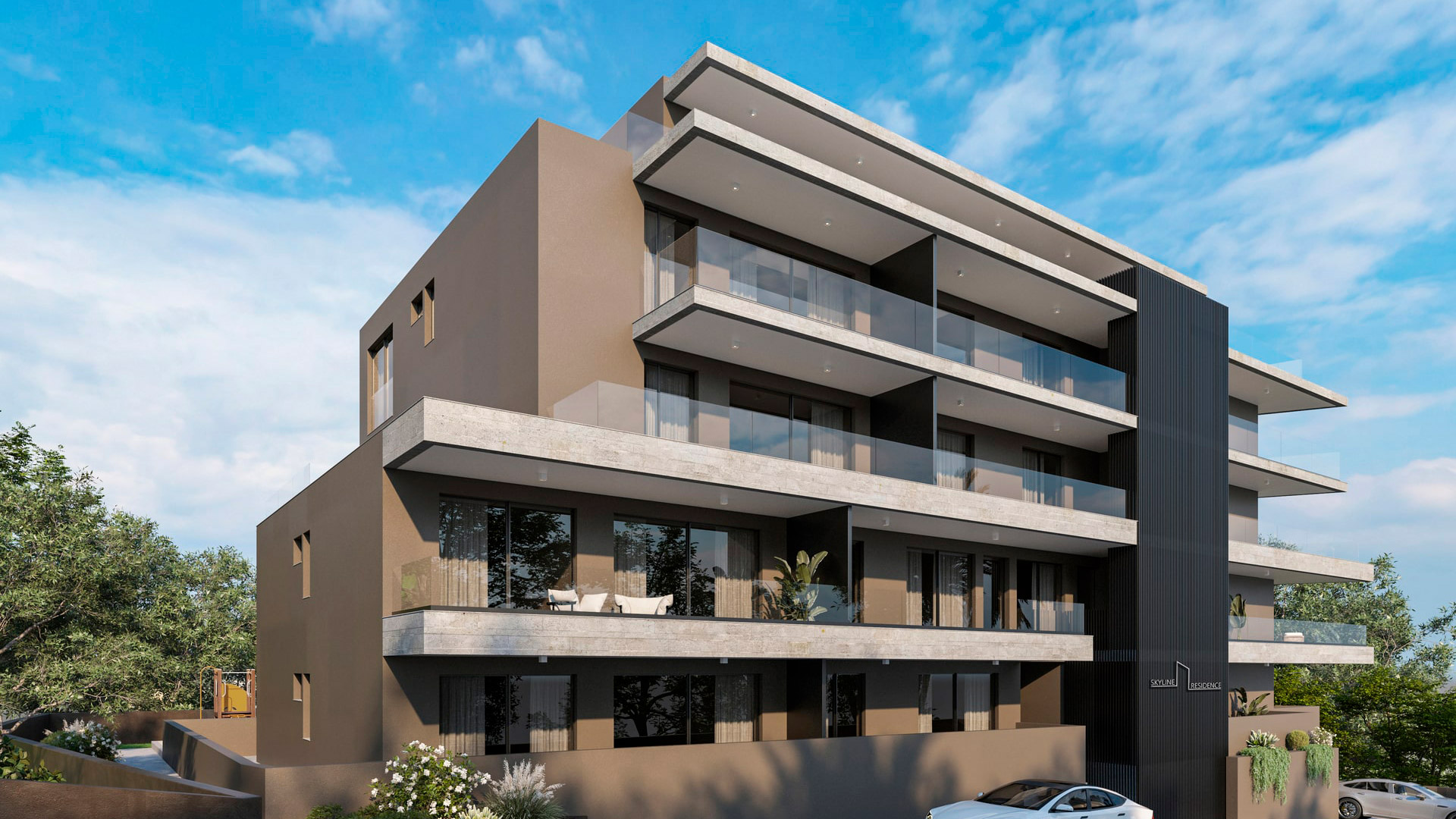 Prédio residencial moderno de quatro andares com fachada em tons de marrom e cinza, linhas retas, varandas amplas com guarda-corpos de vidro, grandes janelas de correr