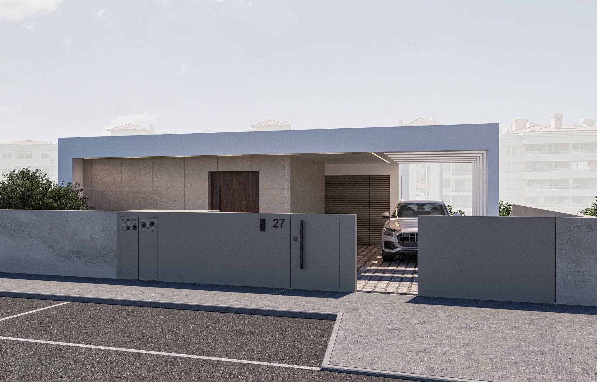 Vista frontal de uma moradia contemporânea com fachada minimalista, portão cinza, porta de madeira e garagem coberta com um automóvel estacionado.