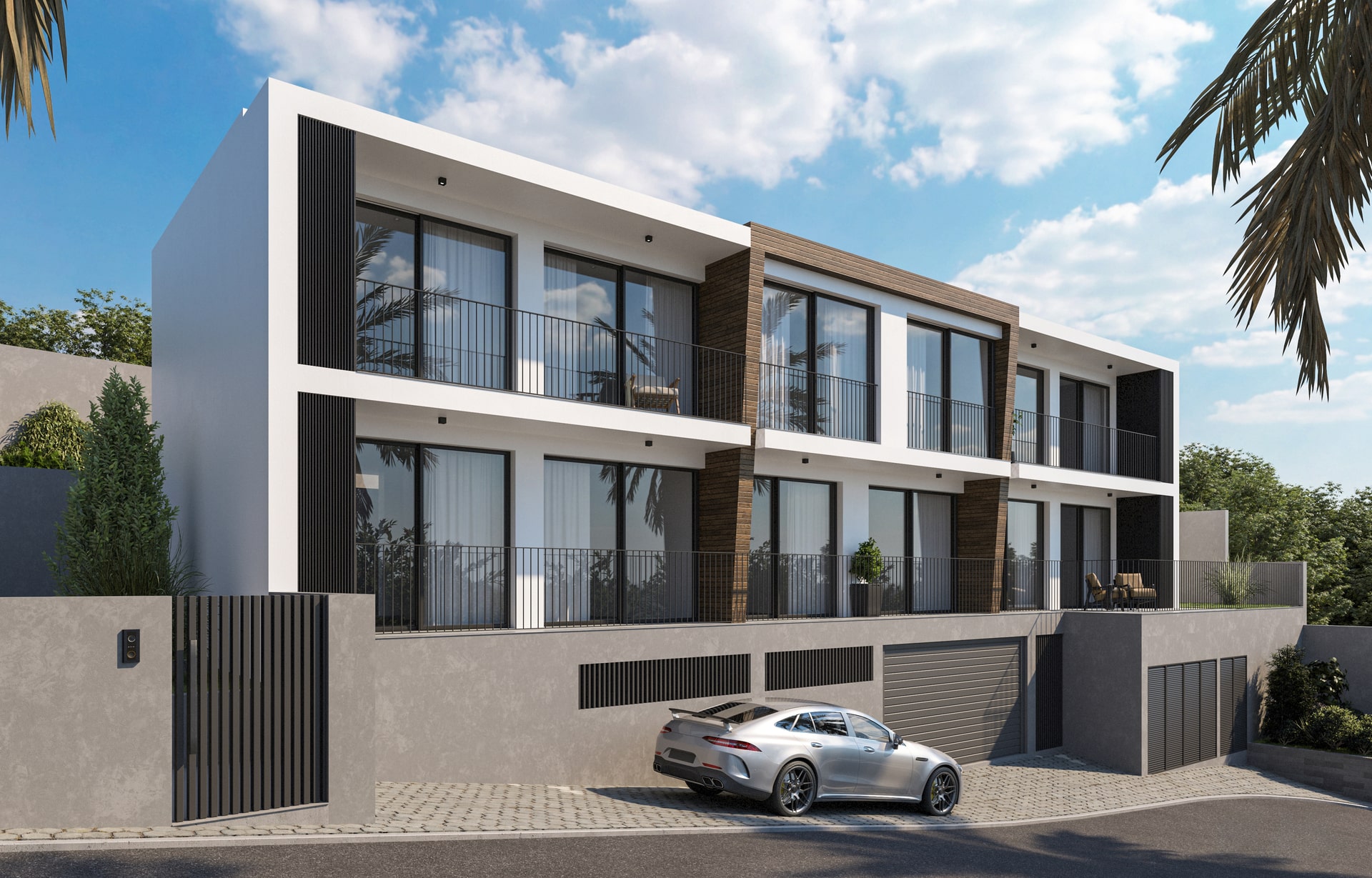 Residência com fachada branca detalhes de madeira com dois andares e 6 janelas no piso inferior e superior