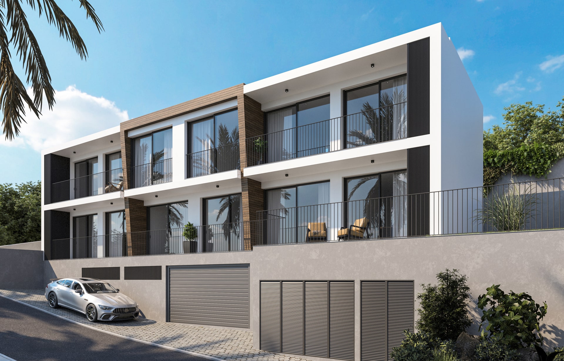 Residência com fachada branca detalhes de madeira com dois andares e 6 janelas no piso inferior e superior