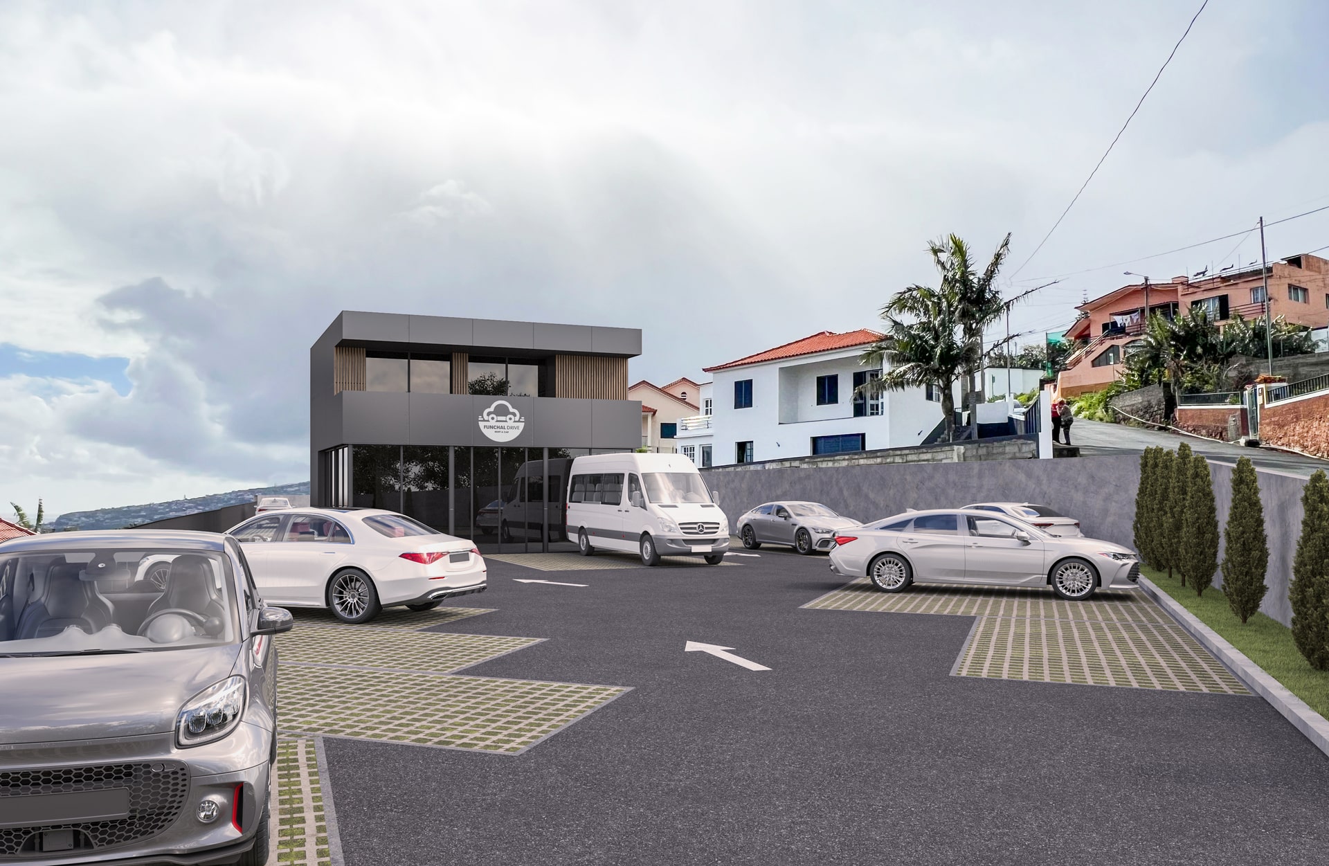 Parque de estacionamento dinâmico com lugares marcados pelas formas geometricas de pequenos recortes quadrados, ao fundo um edifício moderno de dois andares com fachada de vidro escuro e uma placa com logotipo de uma nuvem e carro