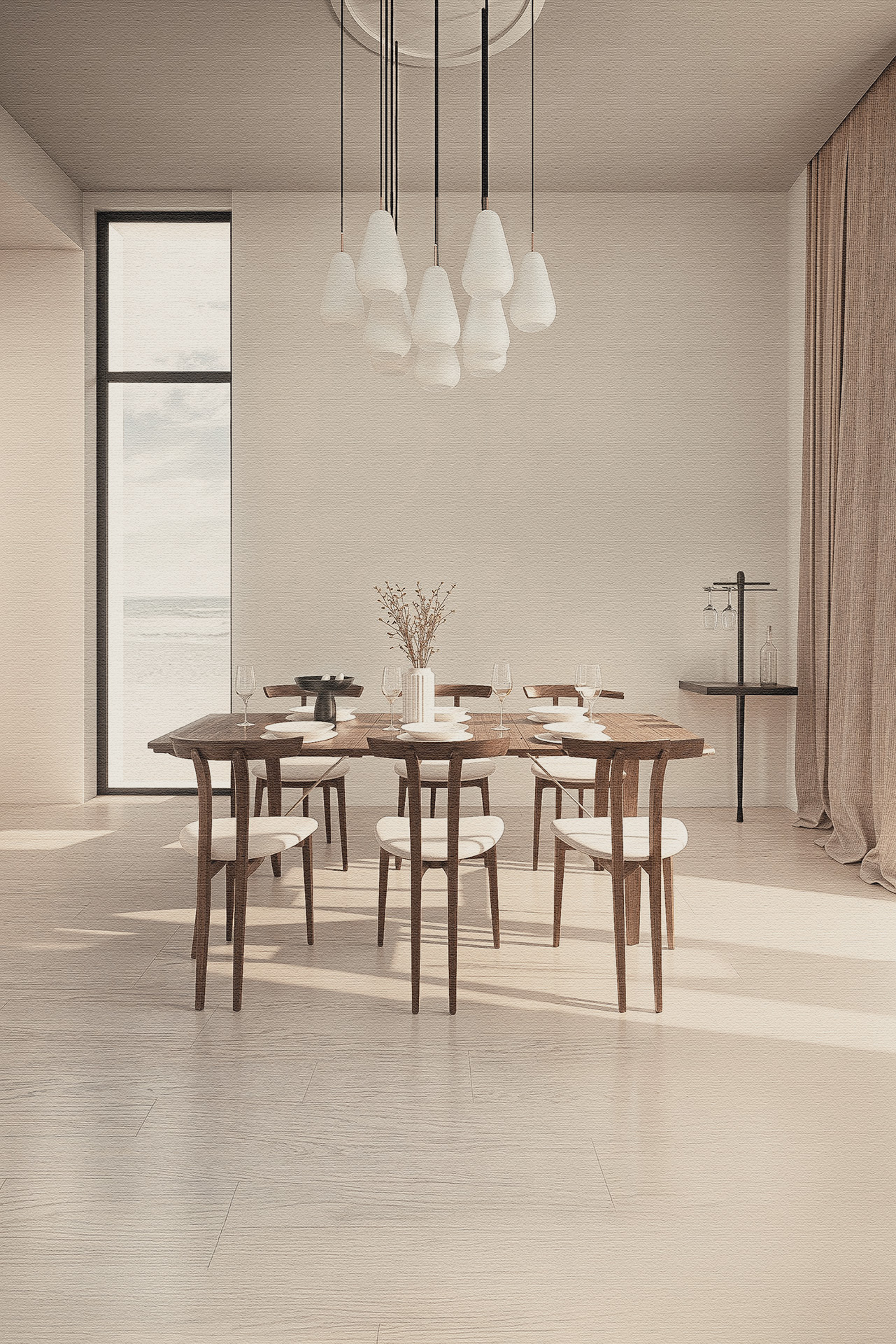 Warm minimalist dining interior with wooden furniture and soft daylight — interior visualization by TOMA Studio.