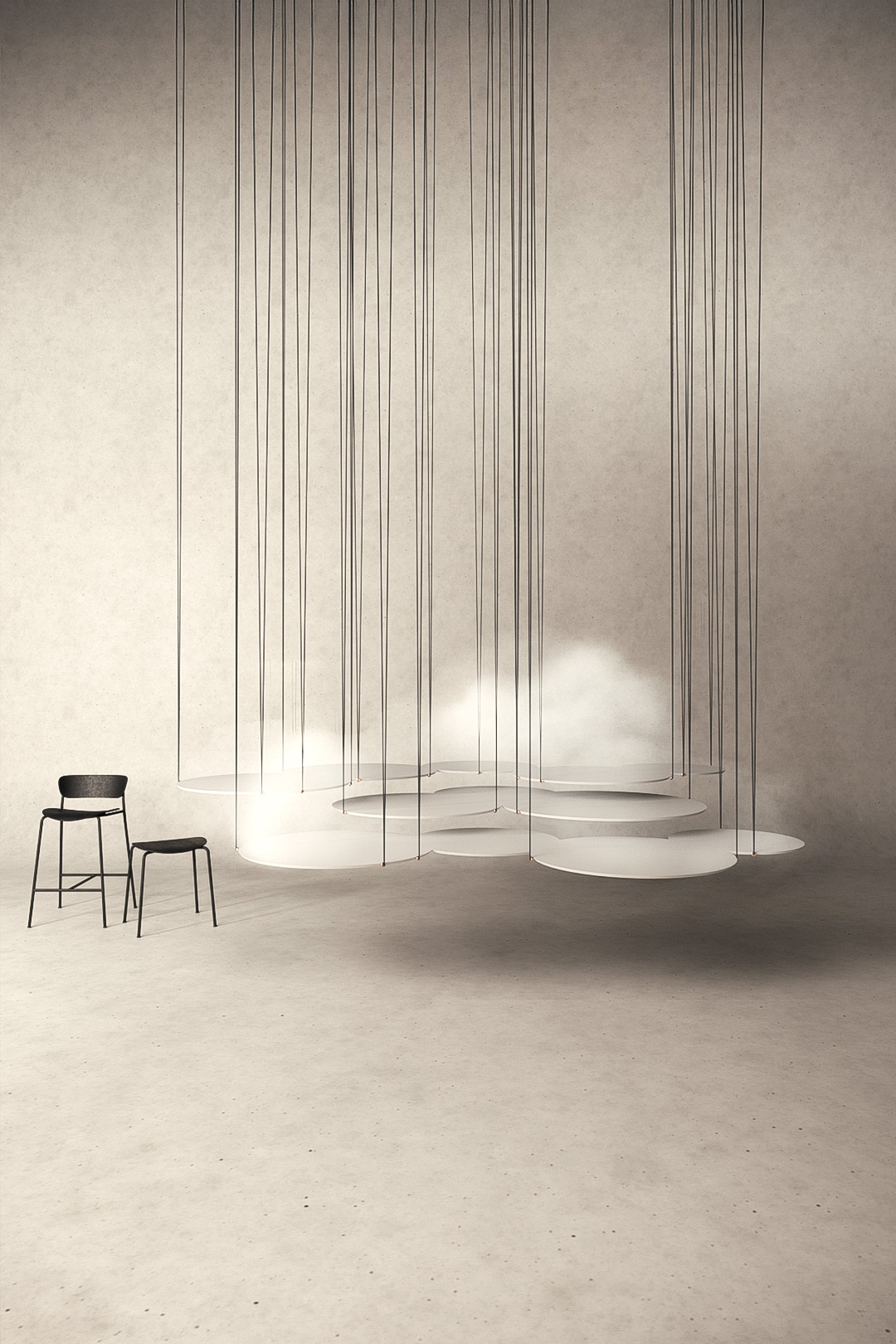 Suspended modular table installation composed of circular white surfaces — experimental furniture concept by TOMA Studio.