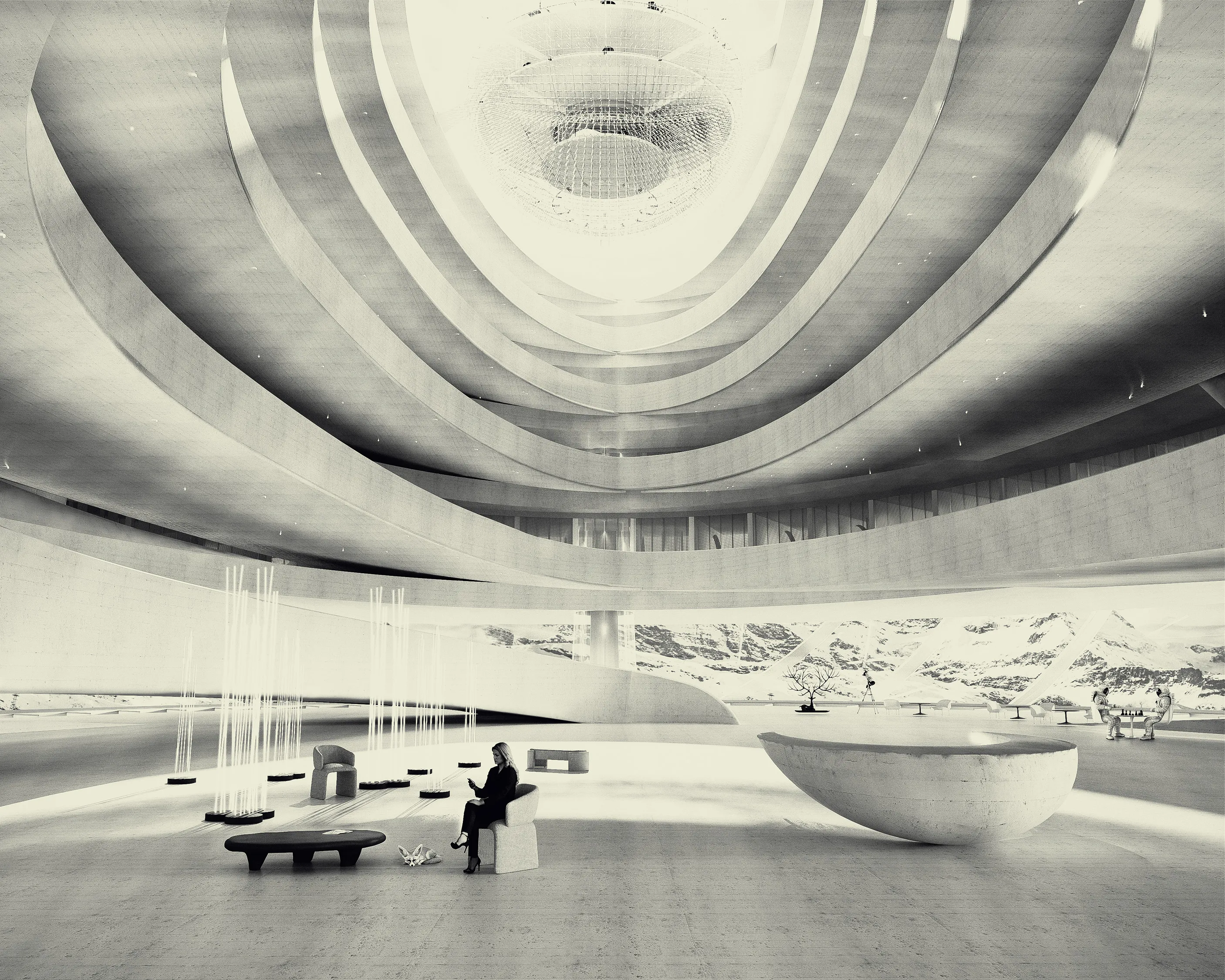 Monochrome visualization of the Arctic Hub interior highlighting the sculptural atrium geometry and serene spatial rhythm — by TOMA Studio.