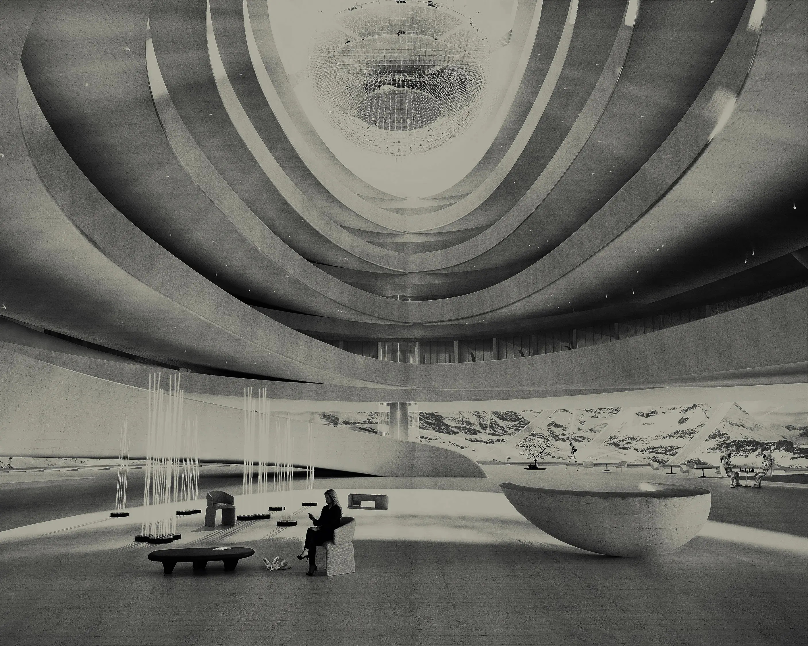 Monochrome visualization of the Arctic Hub interior highlighting the sculptural atrium geometry and serene spatial rhythm — by TOMA Studio.