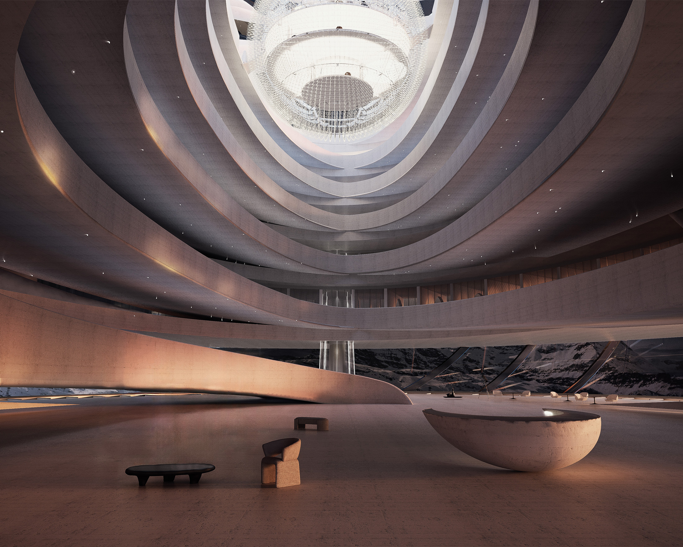 Evening atmosphere inside the Arctic Hub with glowing light columns, curved architecture, and visitors gathering under the central atrium — visualization by TOMA Studio.