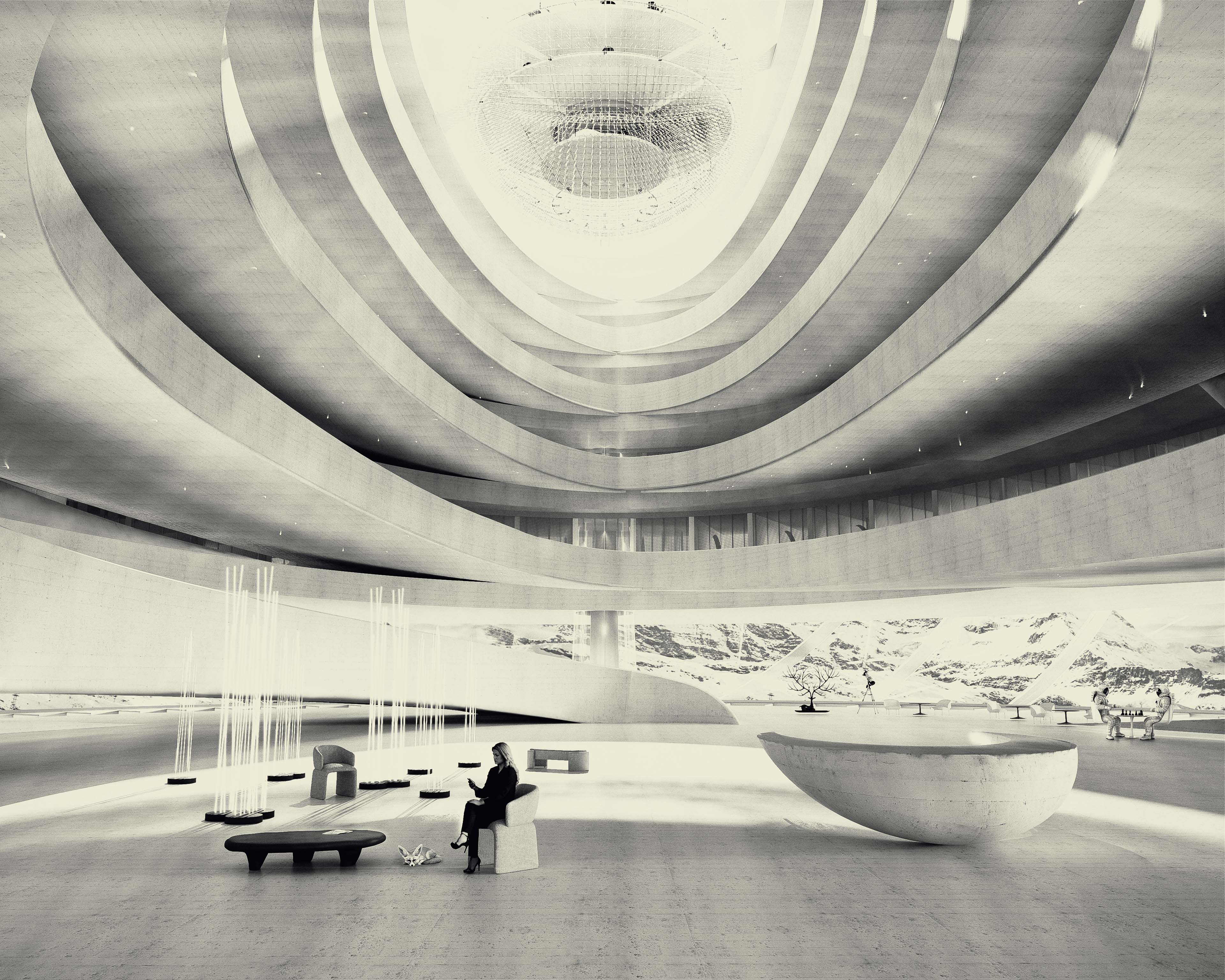 Monochrome visualization of the Arctic Hub interior highlighting the sculptural atrium geometry and serene spatial rhythm — by TOMA Studio.