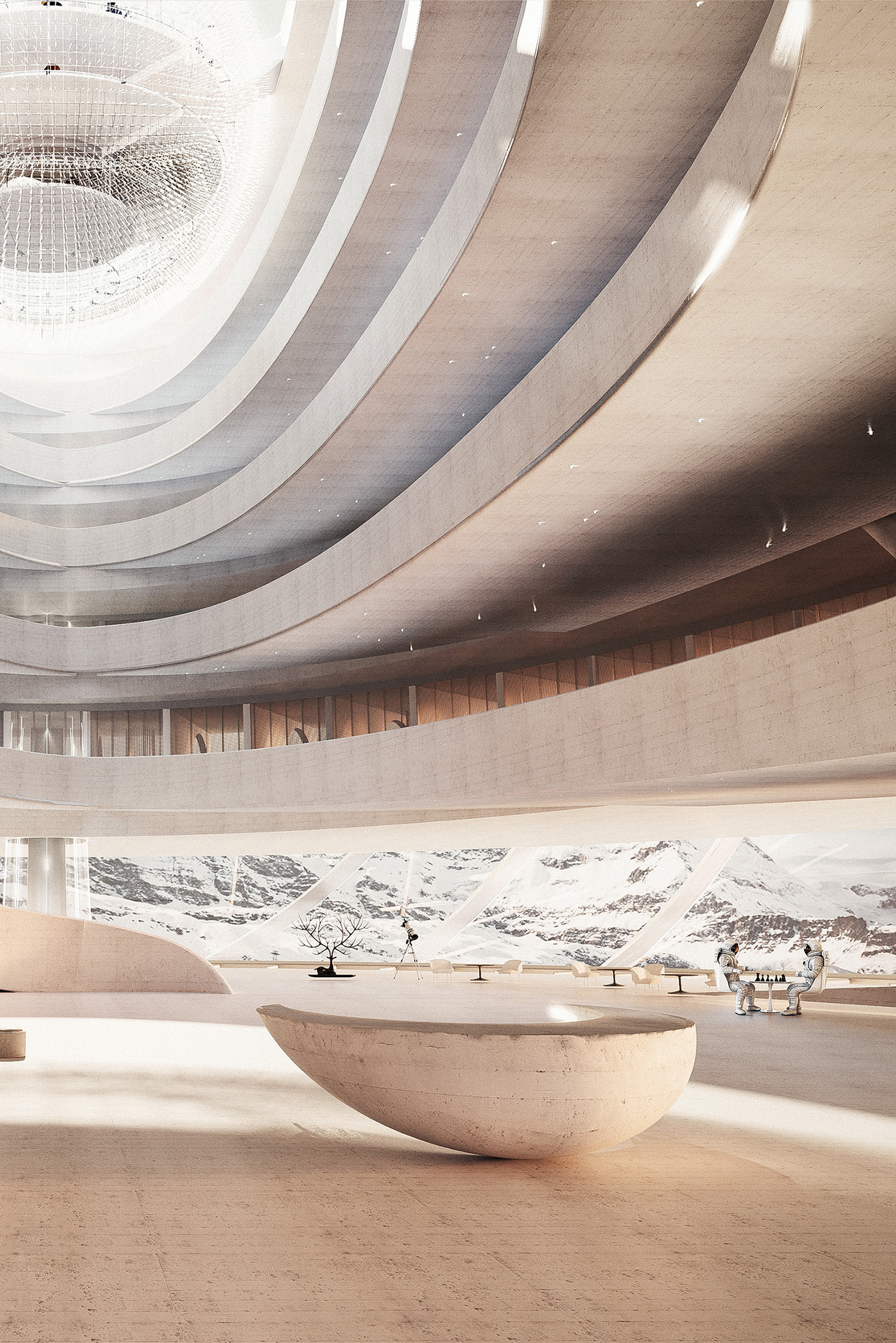 Futuristic architectural atrium with curved concrete layers and snowy mountain view — visualization by TOMA Studio.