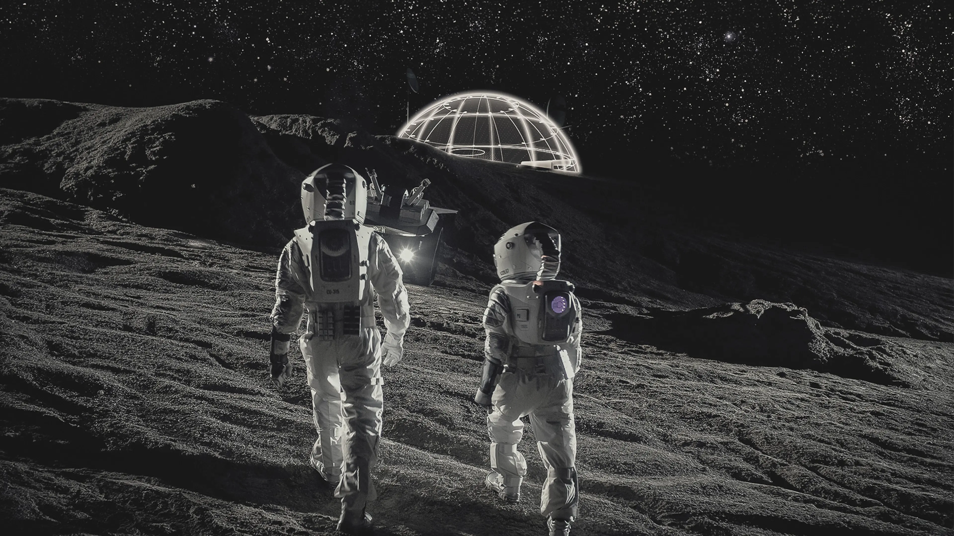 Astronauts walking on a lunar surface towards a glowing dome — conceptual visualization representing exploration and innovation by TOMA Studio.